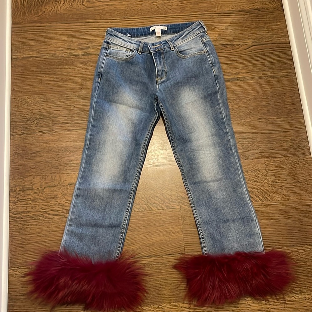 Alice + Olivia Jeans, Red Fur Bottoms. Real Fox Fur.